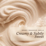 Lifestyle card with vanilla cream swirl background. Text reads: Organic Madagascar Vanilla – Creamy and Subtly Sweet.