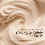 Lifestyle card with vanilla cream swirl background. Text reads: Organic Madagascar Vanilla – Creamy and Subtly Sweet.