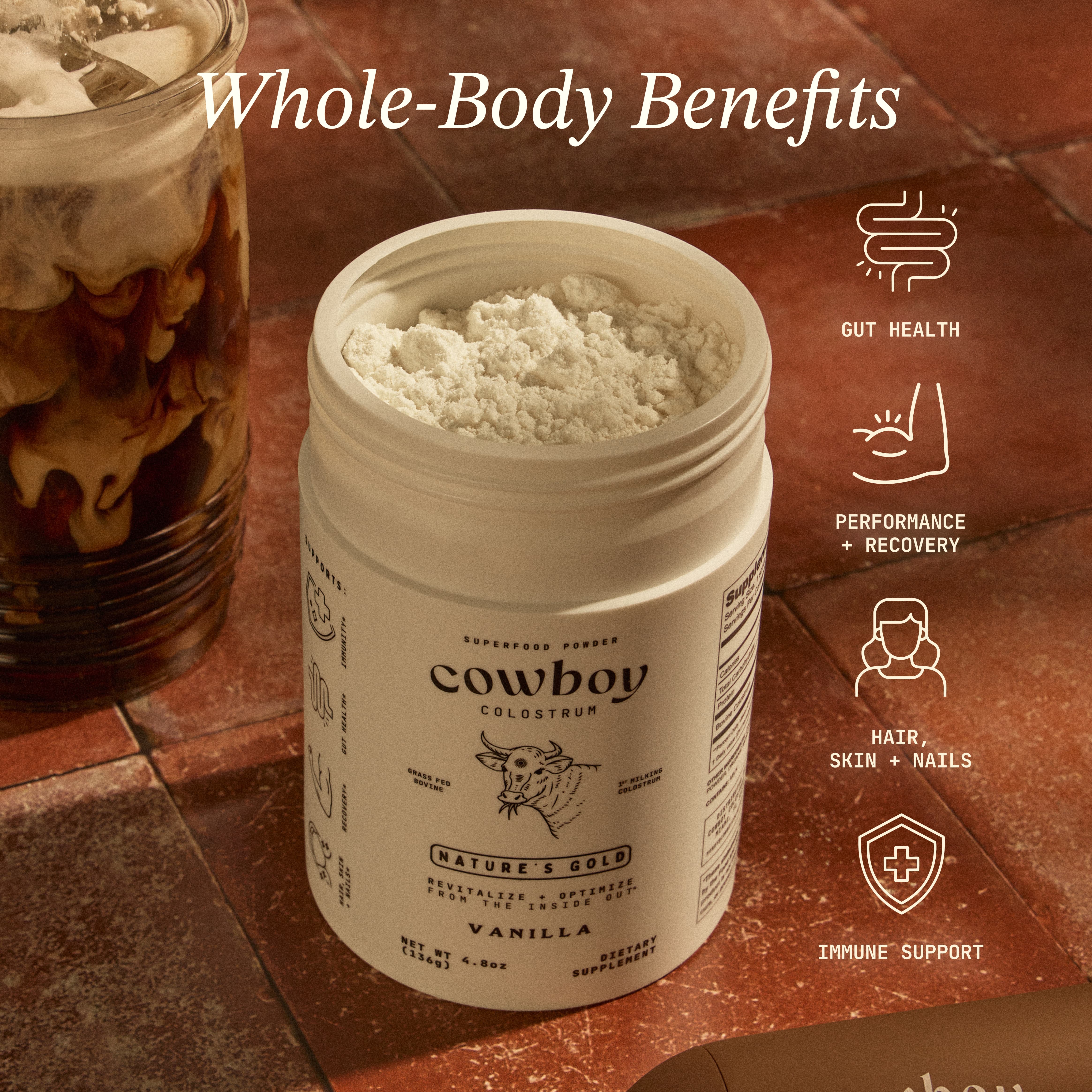 Whole-Body Benefits infographic on dark green background. Lists six benefits with icons: Gut Health, Performance + Recovery, Hair + Skin + Nails, Immune Support. Heading reads: Whole-Body Benefits.